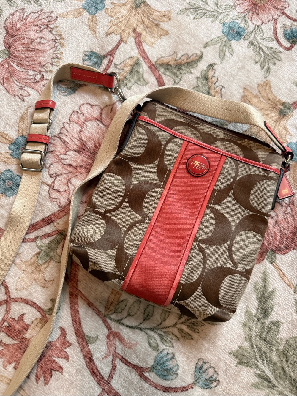 Coach Signature Stripe Crossbody Bag | Y2K Canvas Purse Khaki Coral Pink